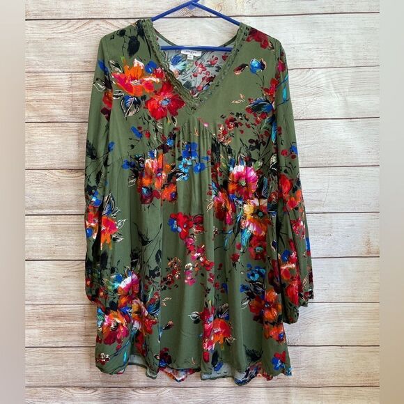 UMGEE EMPIRE WAIST MINIDRESS IN GREEN FLORAL PRINT - Picture 1 of 7